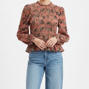 Patrons of Peace Smocked Ruffle Peplum Chiffon Top Women XS Pink Long Sleeve